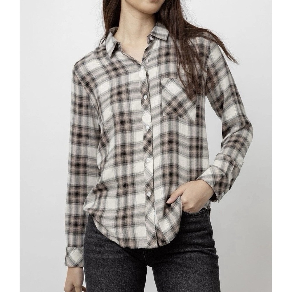Rails Hunter Plaid Button Up Shirt Women Small Ivory Coal Blush Rayon Flannel